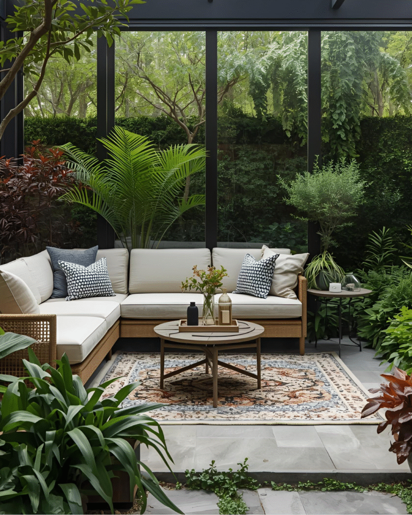 Garden sofa set around plants and outdoor lighting in Reading